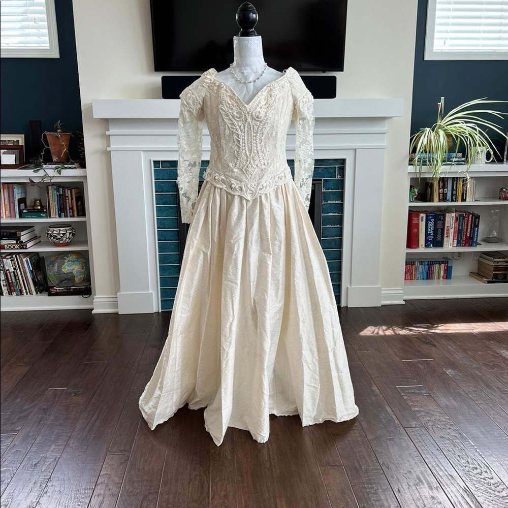 VTG Jessica McClintock Hand Beaded Silk and Lace Wedding Dress Sz 16